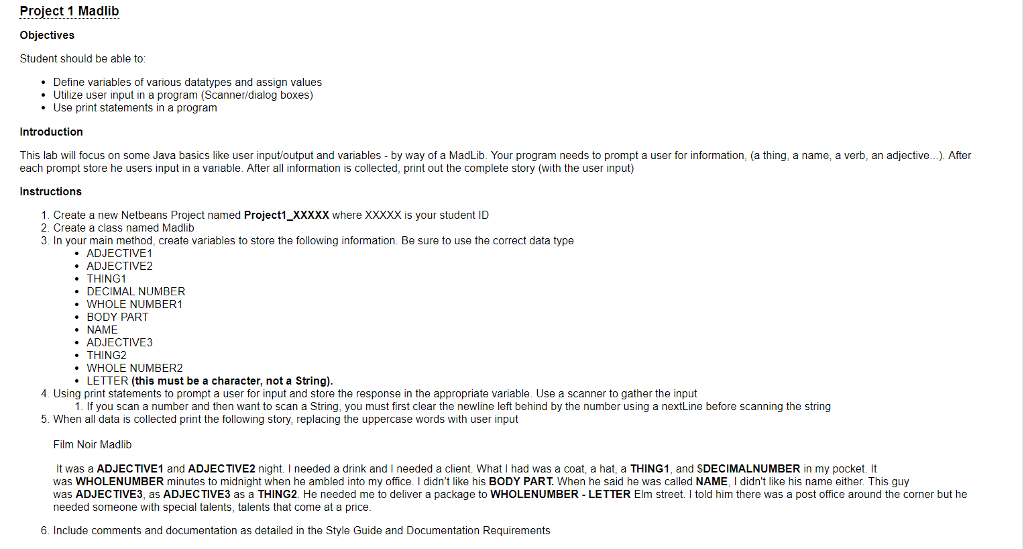  Project 1 Madlib Objectives Student should be able to .Define variables