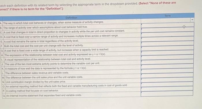  tch each definition with its related term by selecting the appropriate
