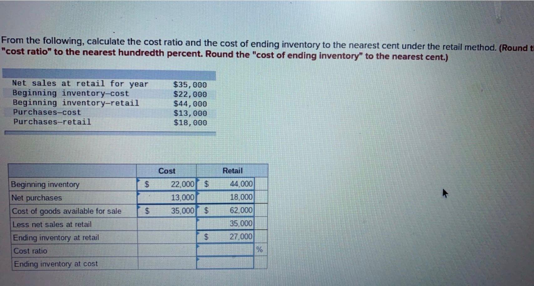 I need help finding the ratio and the ending inventory at cost.