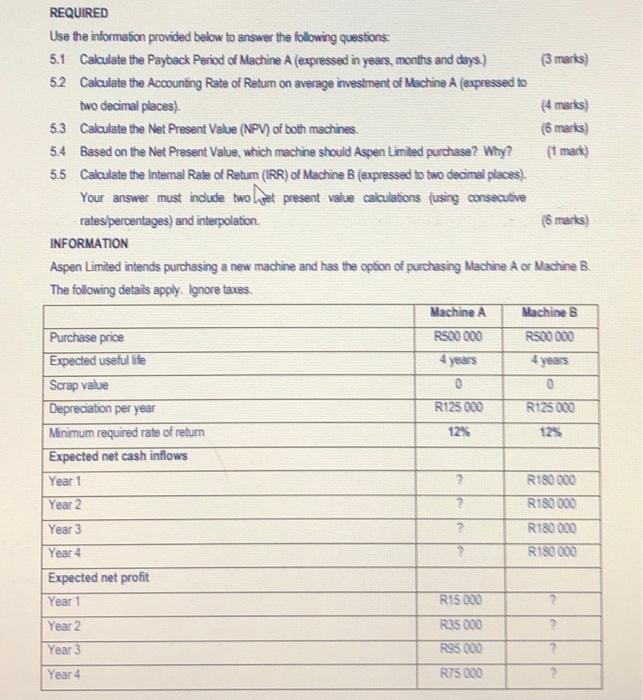  REQUIRED Use the information provided below to answer the following questions: