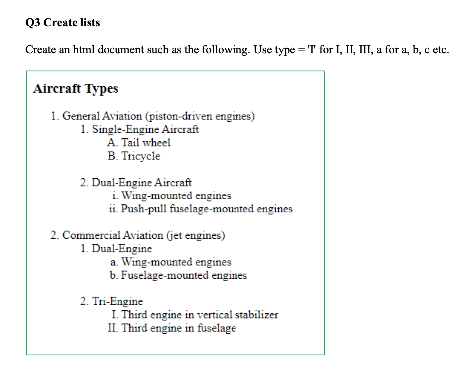 Q3 Create lists Create an html document such as the following.