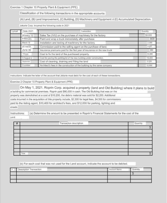 answer please Exercise 1 Chapter 10 Property Plant & Equipment (PPE) Classification