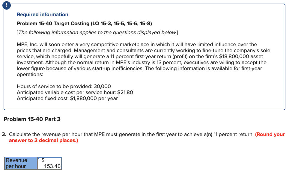 Required information Problem 15-40 Target Costing (LO 15-3, 15-5, 15-6, 15-8) [The