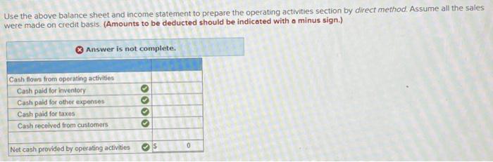 above balance sheet and income statement to prepare the operating activities section