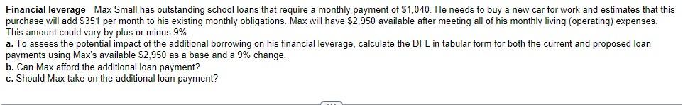 Financial leverage Max Small has outstanding school loans that require a