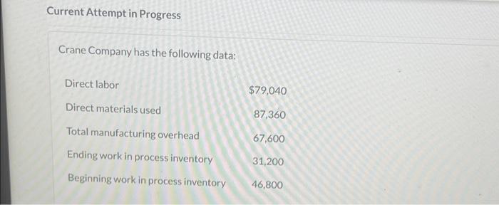  Current Attempt in Progress Crane Company has the following data: Compute