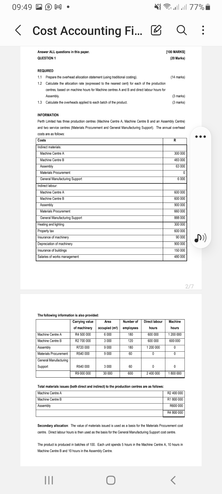 REQUIRED 1.1 Prepare the overhead allocation statement (using traditional costing). (14