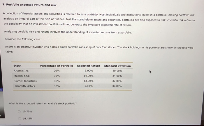 please complete both parts and show work 7. Portfolio expected return