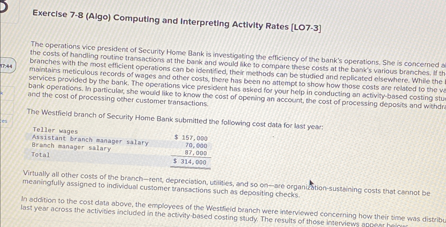  Exercise 7-8(Algo) Computing and Interpreting Activity Rates [LO7-3] The operations vice