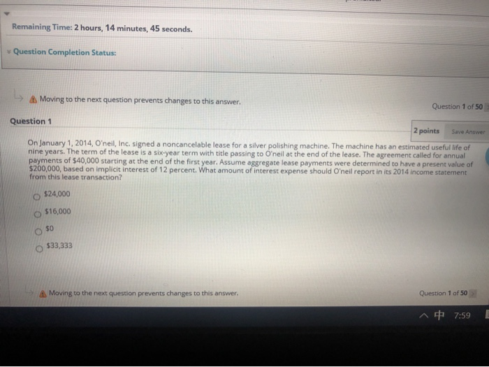 Remaining Time: 2 hours, 14 minutes, 45 seconds. Question Completion Status: