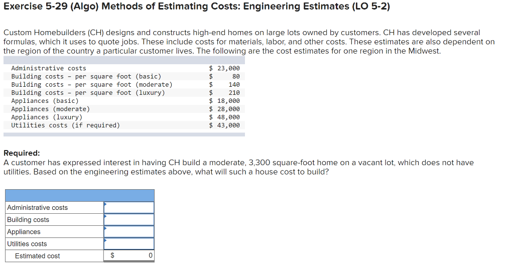 Exercise 5-29 (Algo) Methods of Estimating Costs: Engineering Estimates (LO 5-2)