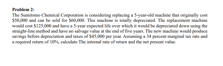 Problem 2: The Sumitomo Chemical Corporation is considering replacing a 5-year-old