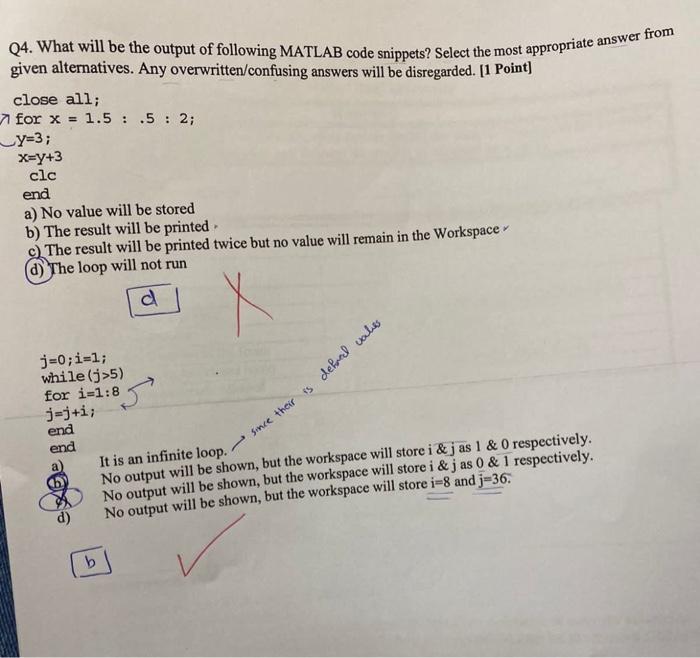 MATLAB Q4. What will be the output of following MATLAB code snippets?
