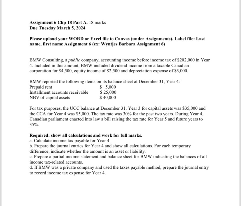  Assignment 6 Chp 18 Part A.18 marks Due Tuesday March 5,2024