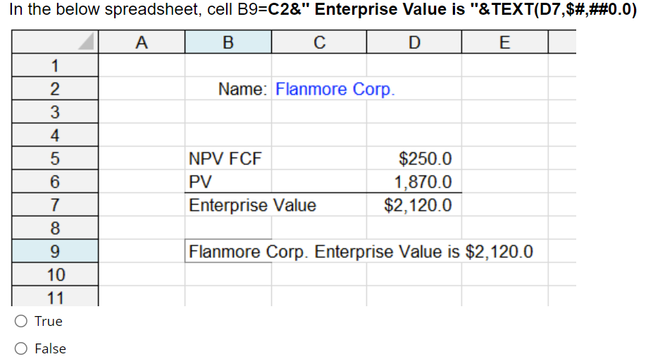 he below spreadsheet, cell B9=C2\&" True False
