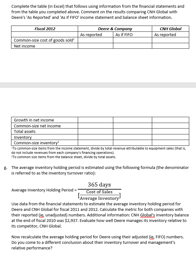 Analysis f. You want to compare Deere's operations for fiscal 2012 to