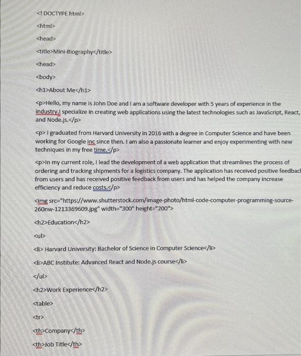 INFORMATION Your have seen your instructor work on styling the mini-bio using