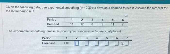  Given the following data, use exponential smoothing (=0.30) to develop a