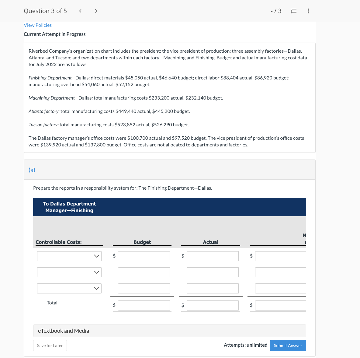  Prepare the reports in a responsibility system for: A)The Finishing DepartmentDallas.