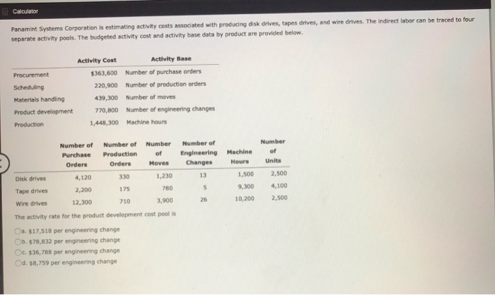  Calculator Panamint Systems Corporation is estimating activity costs associated with producing