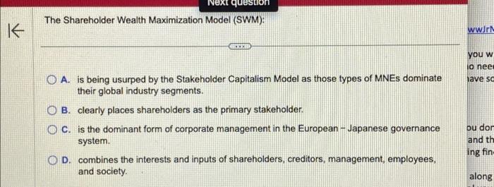  Next question The Shareholder Wealth Maximization Model (SWM): HELL OA. is