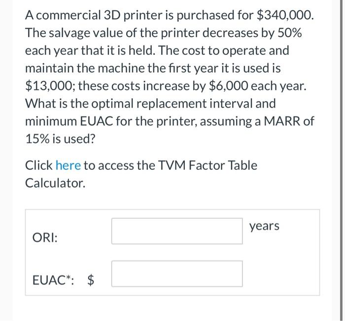 steps please A commercial 3D printer is purchased for $340,000. The salvage