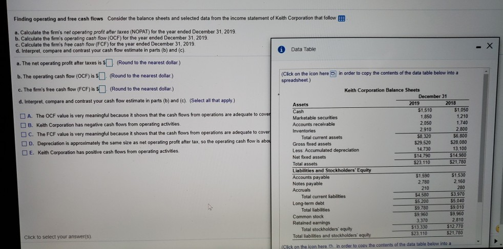  Finding operating and free cash flows Consider the balance sheets and