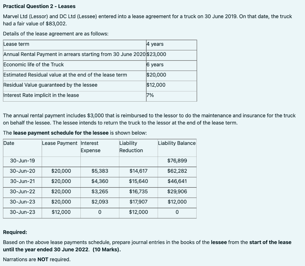  Practical Question 2 - Leases Marvel Ltd (Lessor) and DC Ltd