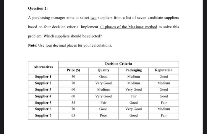  Question 2: A purchasing manager aims to select two suppliers from