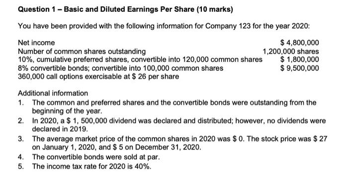  Question 1 - Basic and Diluted Earnings Per Share (10 marks)