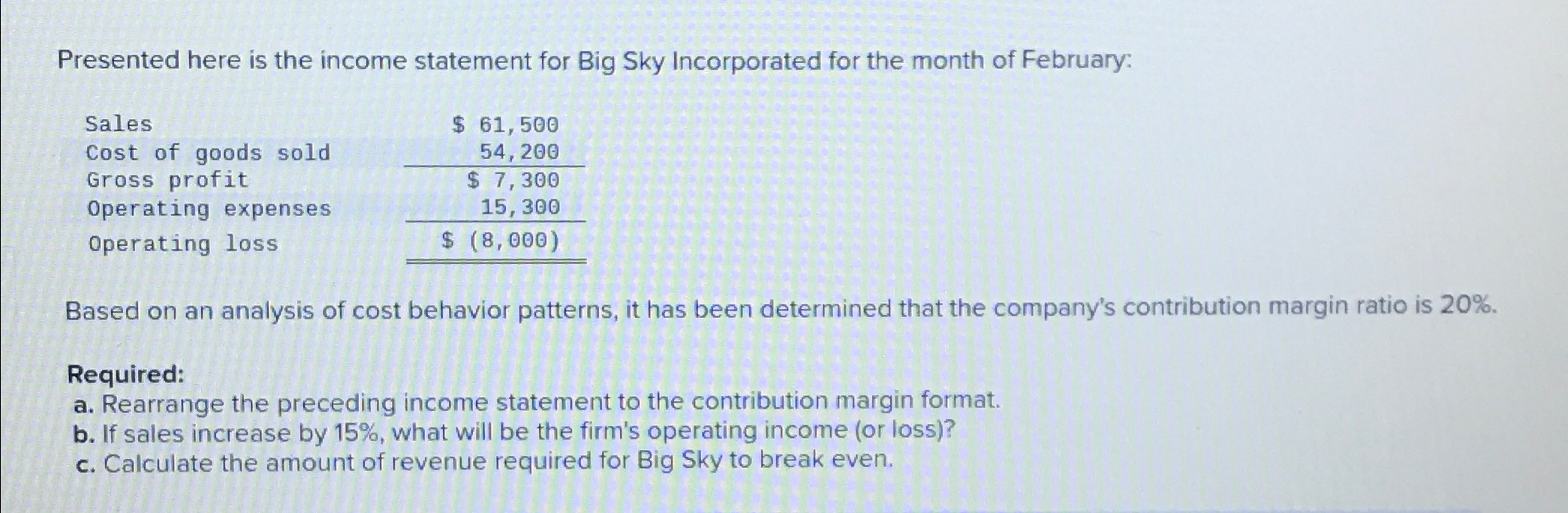  Presented here is the income statement for Big Sky Incorporated for