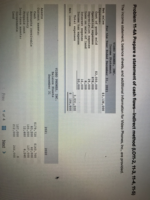  Problem 11-4A Prepare a statement of cash flows-indirect method (LO11-2, 11-3,