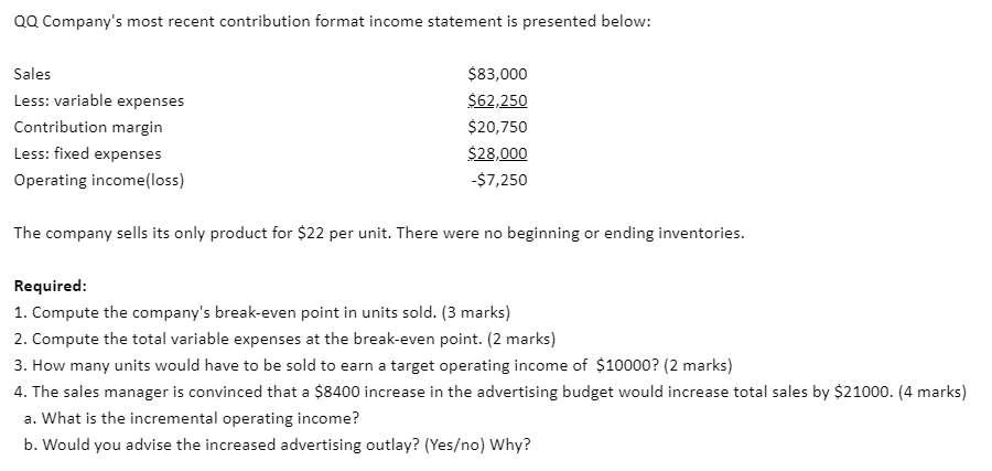  QQ Company's most recent contribution format income statement is presented below:
