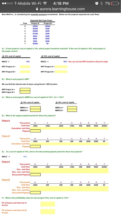  Blue Wolf Inc., is considering two mutually investments. Below are the