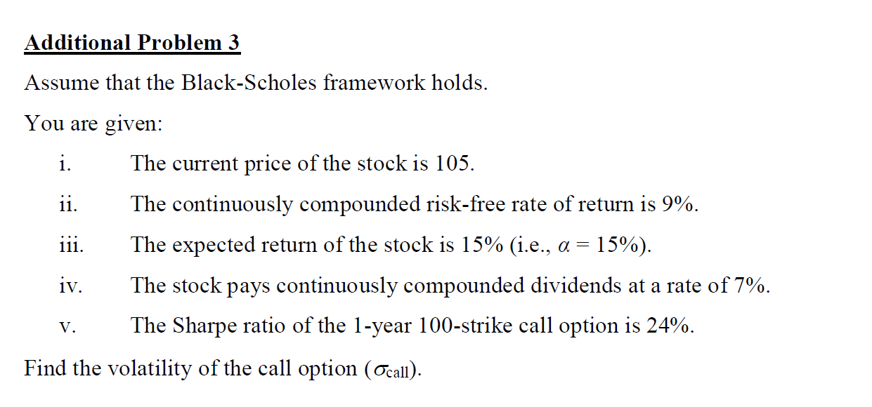  Additional Problem 3 Assume that the Black-Scholes framework holds. You are