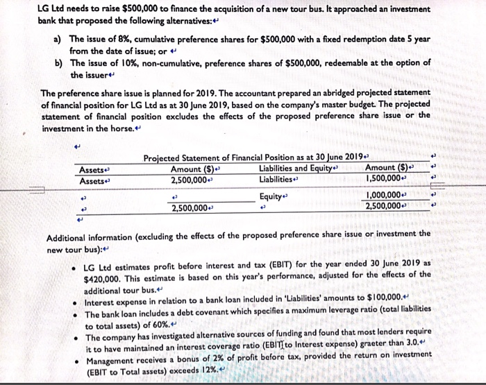  Require 1. Using the projected figures and estimates provided, calculate LG