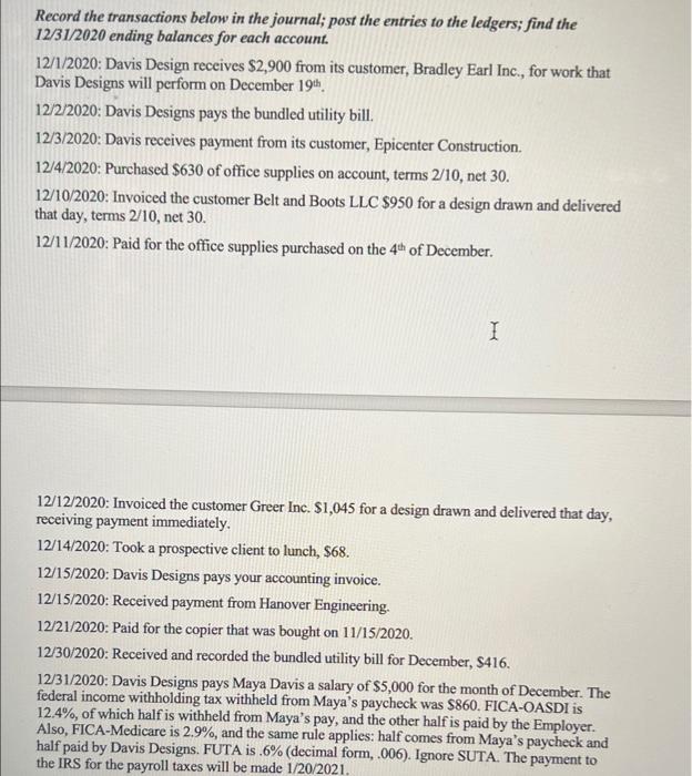  Record the transactions below in the journal; post the entries to