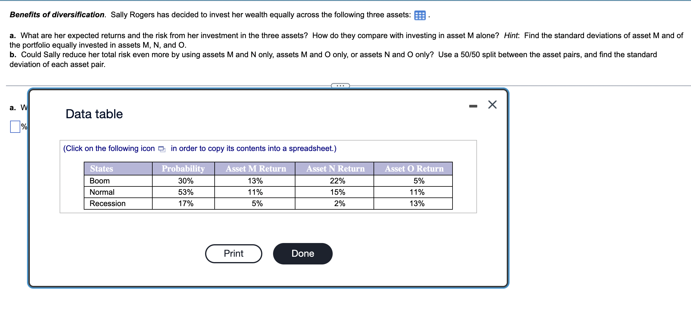  a. What are her expected returns and the risk from her