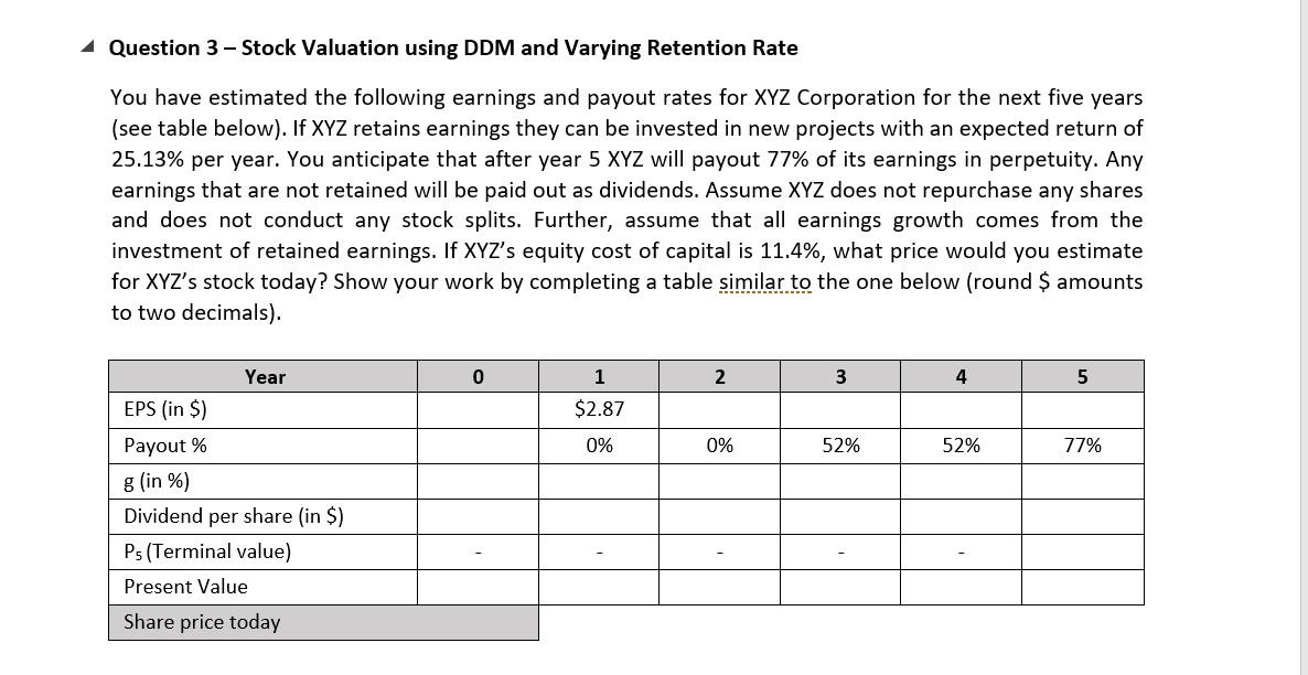  Question 3 - Stock Valuation using DDM and Varying Retention Rate