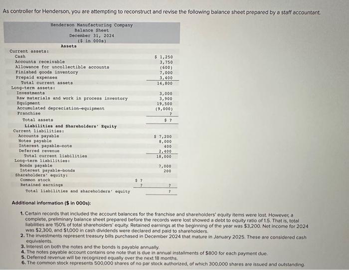  As controller for Henderson, you are attempting to reconstruct and revise