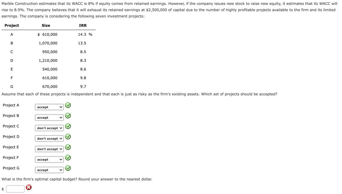 Marble Construction estimates that its WACC is 8% if equity comes