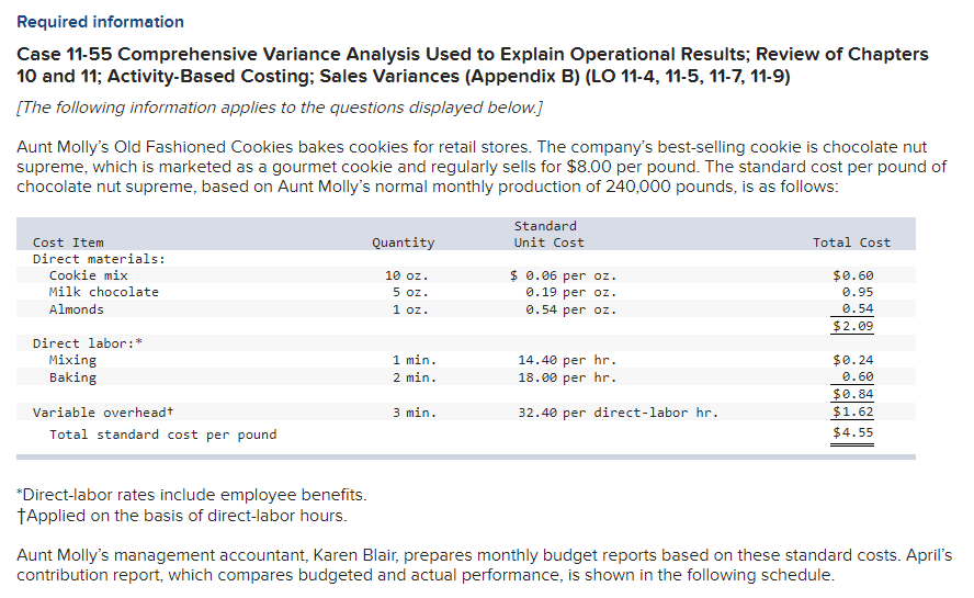Required information Case 11-55 Comprehensive Variance Analysis Used to Explain Operational
