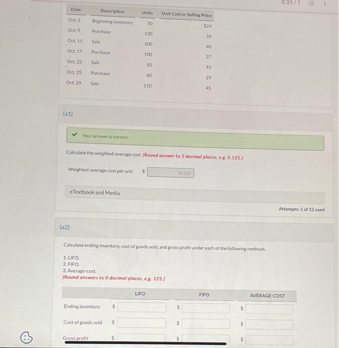 i need help calculating part (a2) Calculate the weighted-average cost (Round answer