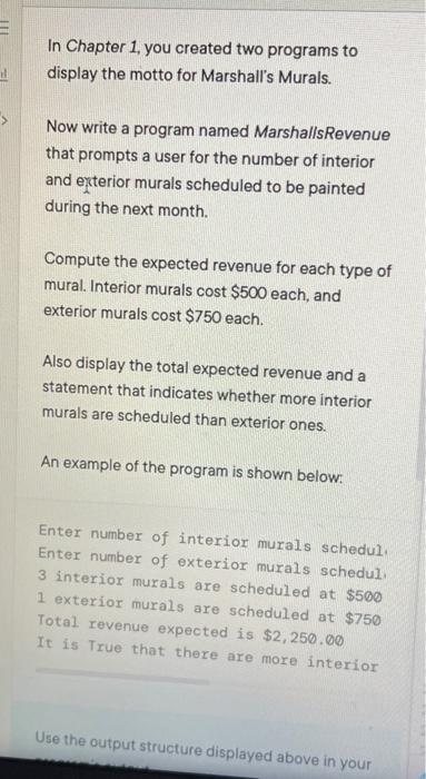 how do i fix my code to get this output In Chapter