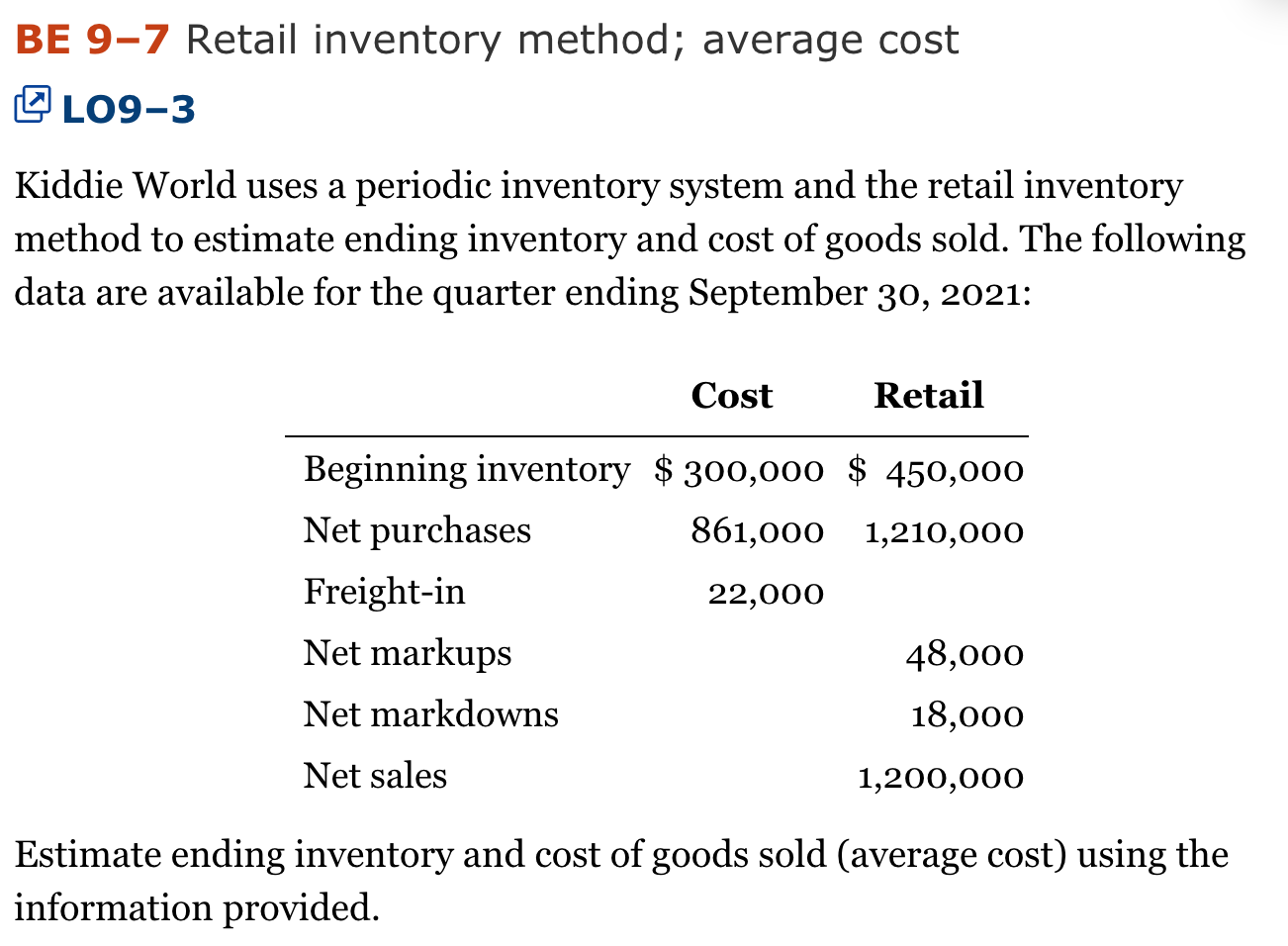BE 9-7 Retail inventory method; average cost 109-3 Kiddie World uses