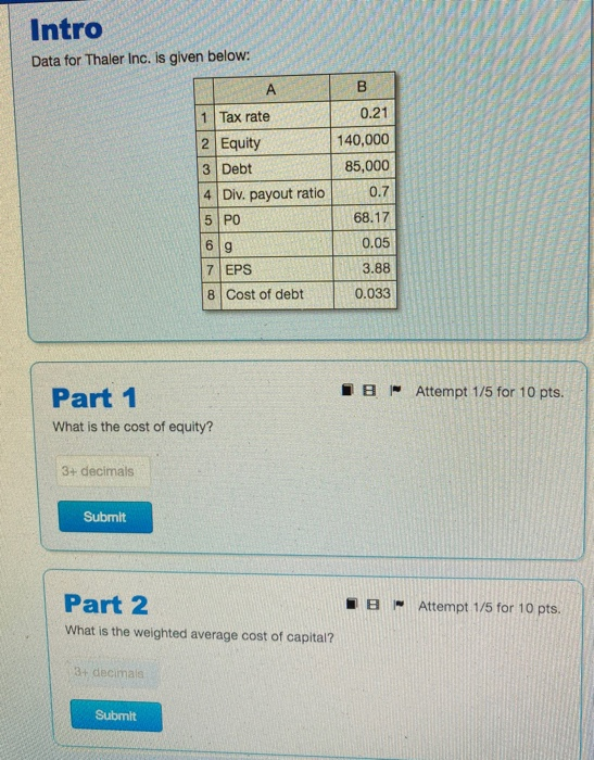  Intro Data for Thaler Inc. is given below: Ole 0.21 140,000
