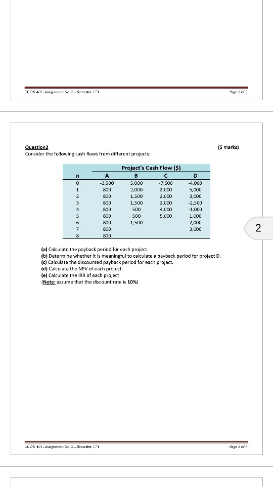 Question2 (5 marks) Consider the following cash flows from different projects: (a)