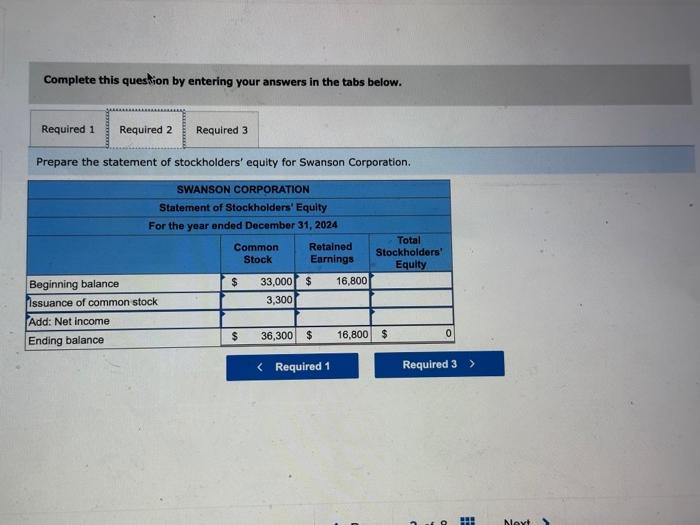 equity for Swanson Corporation. Complete this question by entering your answers in