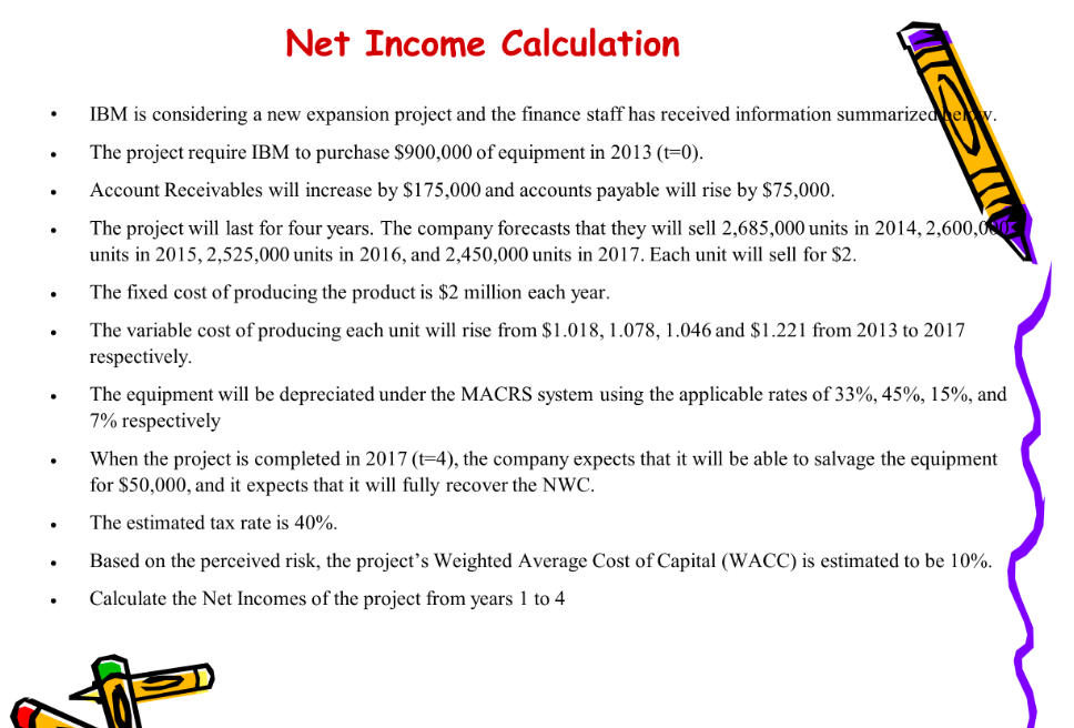  Create and Excel sheet! Net Income Calculation: IBM is considering a