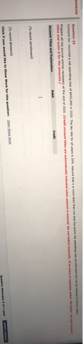  SOURCES Question 22 Concord Inc. incurred a net operating loss of